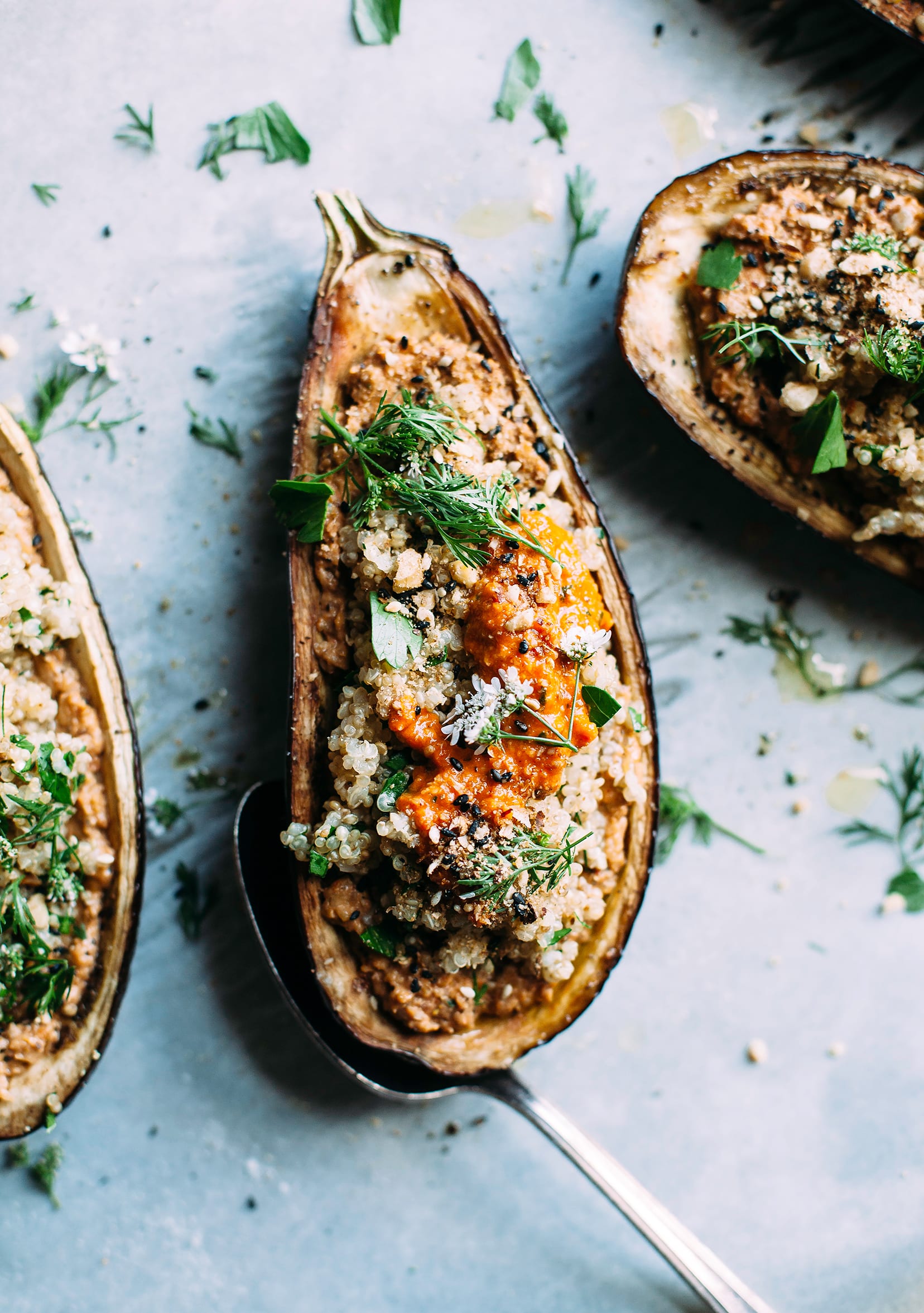 An overhead shot of a stuffed eggplant "boat" with grains inside and a dab of a deep red/orange sauce.