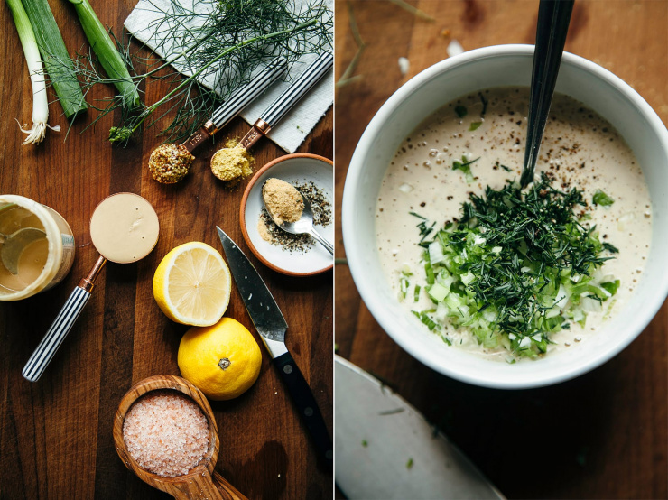 Two images show the ingredients for a tahini ranch dressing and the mixed up bowl of the actual dressing.