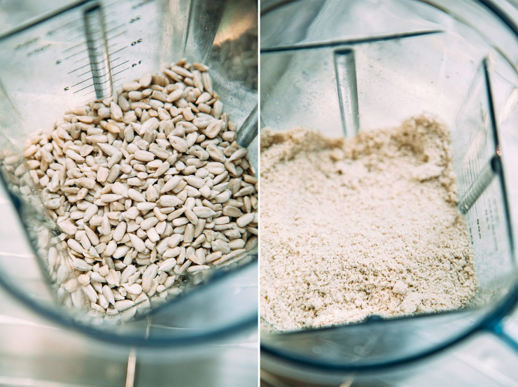 2 photos: one shows sunflower seeds in a blender from overhead. The next one shows those sunflower seeds ground up into a “flour.”