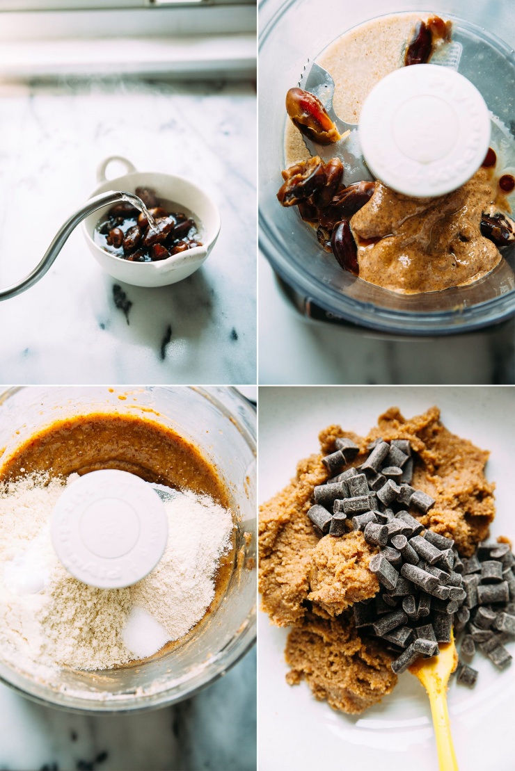 4 photos: hot water being poured over dates in a white bowl, an overhead shot of the food processor with nut butter and dates, another overhead shot of the food processor with almond flour in it, and the last one is an up close shot of the chocolate chunks on top of the cookie batter in a bowl.