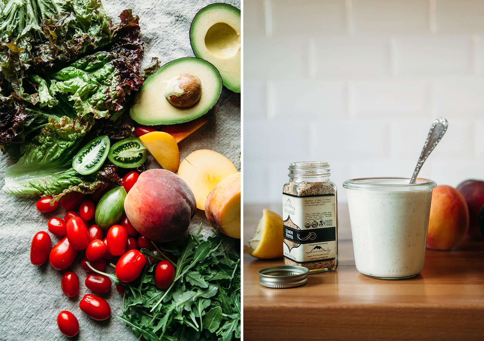 Two images show an overhead shot of salad ingredients and a head on shot of a jar of creamy dressing.