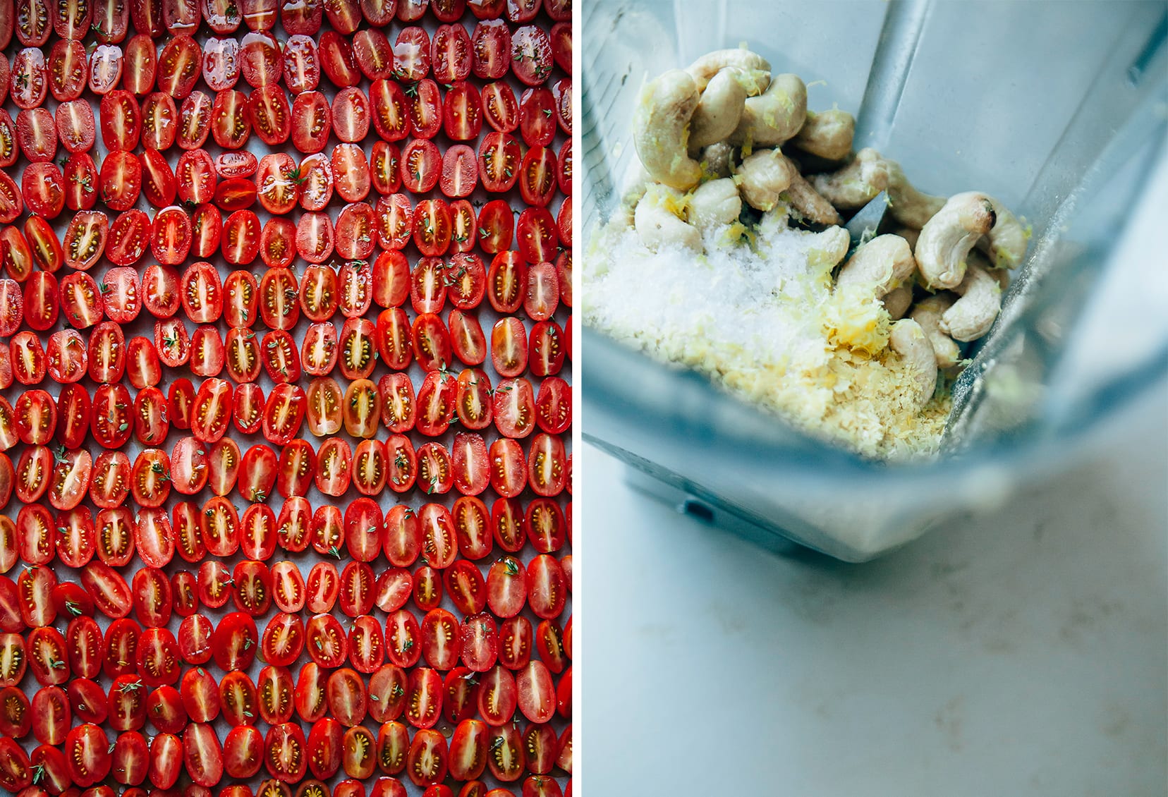 Two photos show a bunch of halved grape tomatoes, and the beginnings of a creamy cashew sauce in a blender.