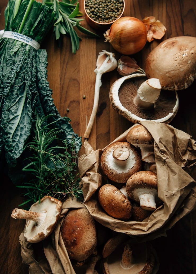 An overhead shot of ingredients for a mushroom gravy pie.