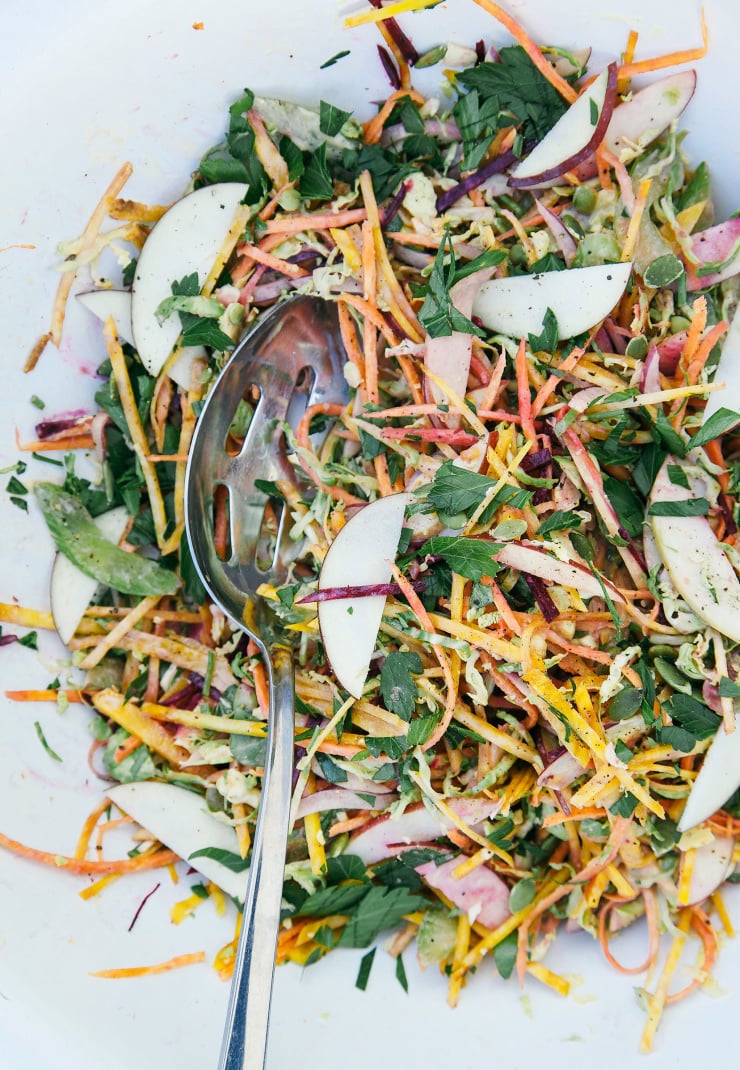 An overhead shot of a colourful shredded salad.
