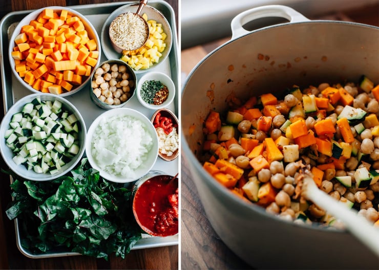 Side by side: all prepped and chopped ingredients for a butternut minestrone in little bowls set in a baking sheet. The other photo shows the vegetables for the soup being sautéed in a Dutch oven.