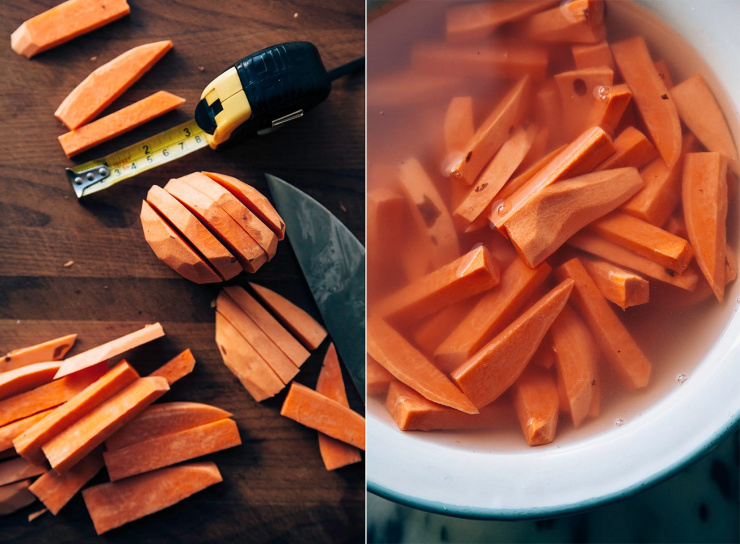Two images show sweet potatoes being cut and then a bowl of the cut sweet potatoes soaking in water.