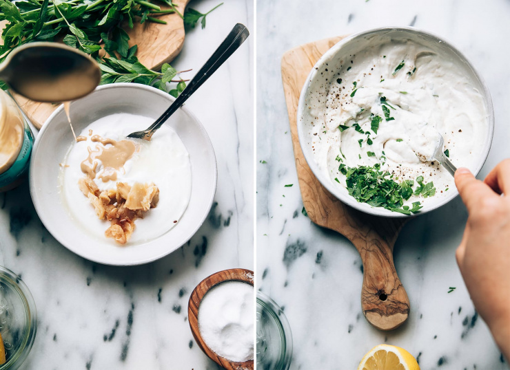 Two images show a roasted garlic tahini yogurt dip coming together.
