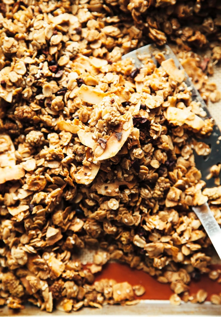 An up close, overhead image of golden granola with big coconut flakes.