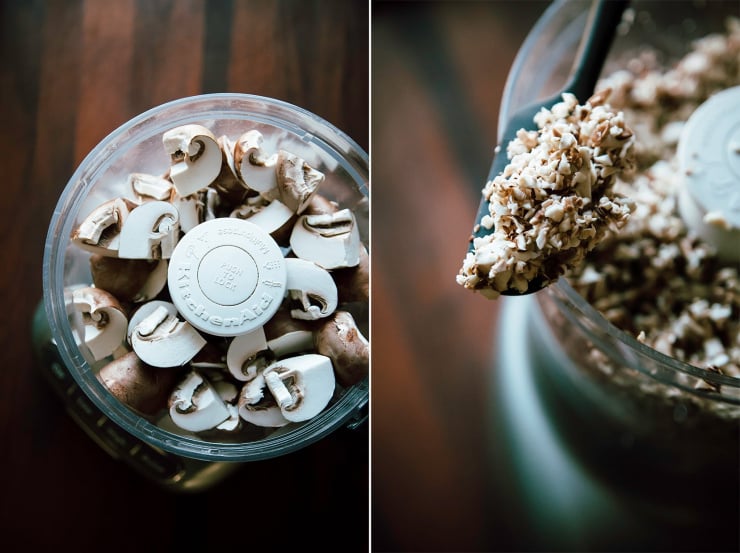 Two photos showing mushrooms in a food processor before finely chopping and after finely chopping.