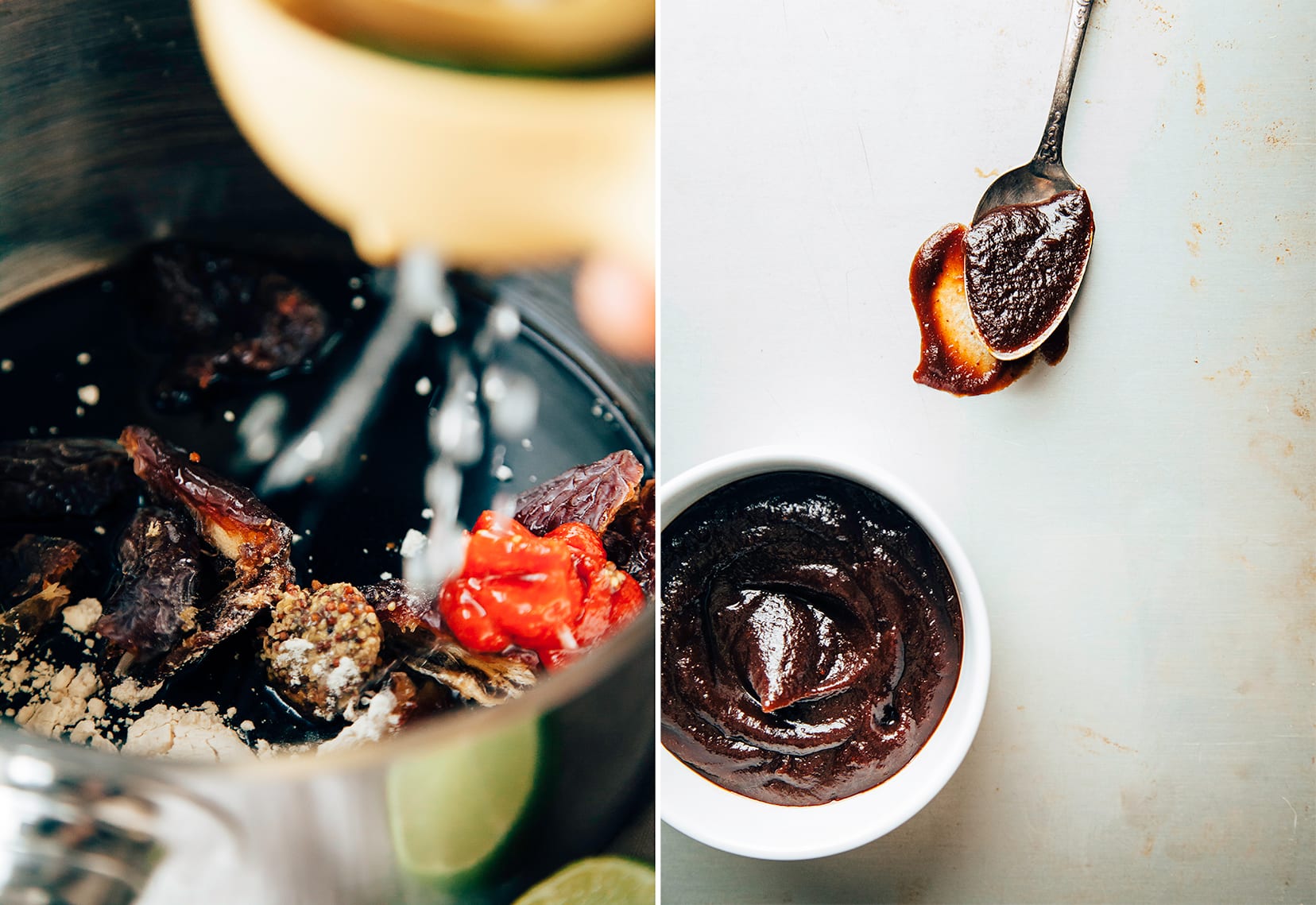 Two images show the preparation of date-sweetened barbecue sauce, and then the finished product in a bowl.