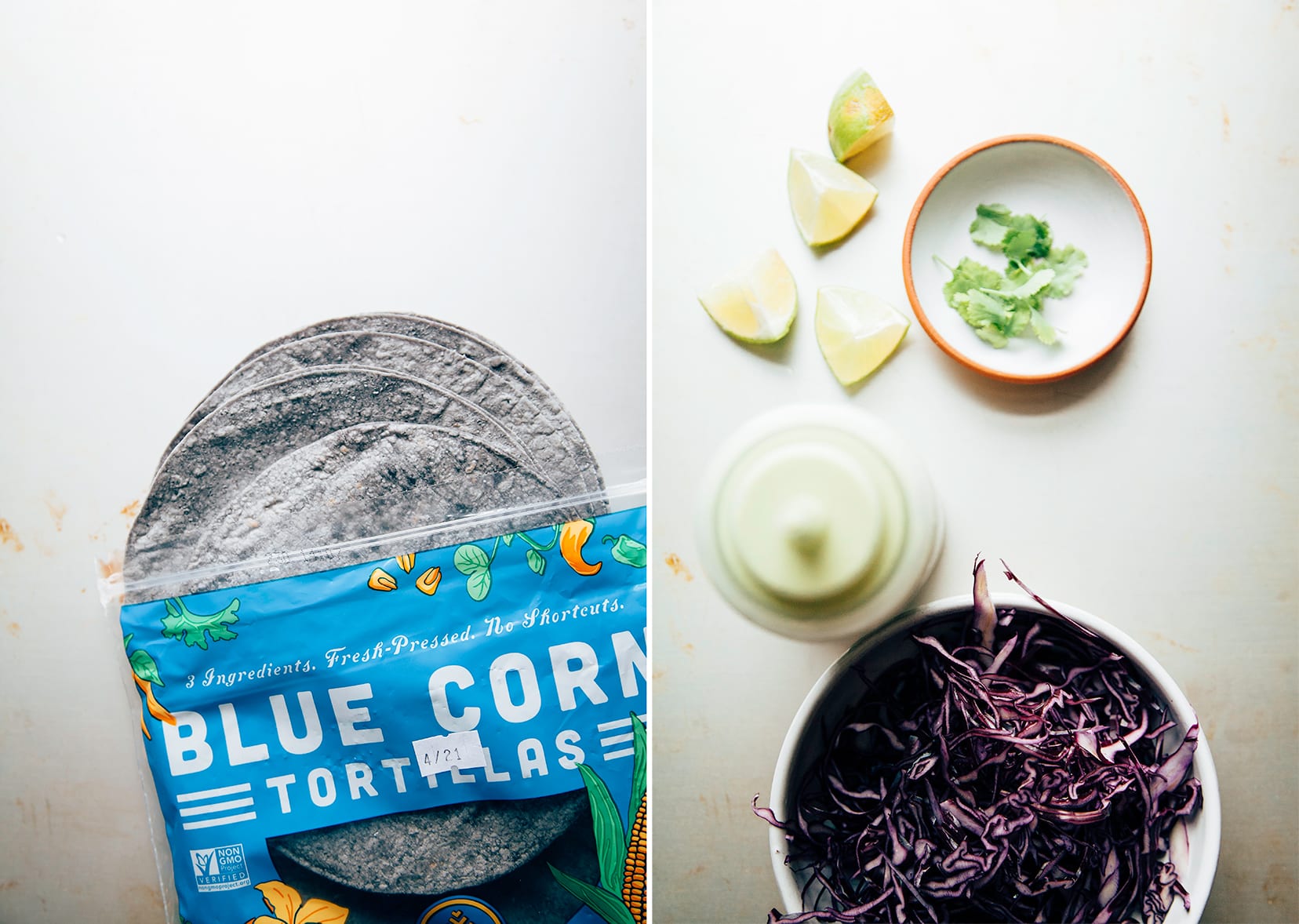 Two images show a pack of blue corn tortillas and accompaniments for tacos.