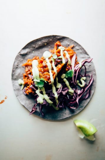 Saucy & Sticky Sweet Potato Tacos with Creamy Cilantro Avocado Sauce - The First Mess