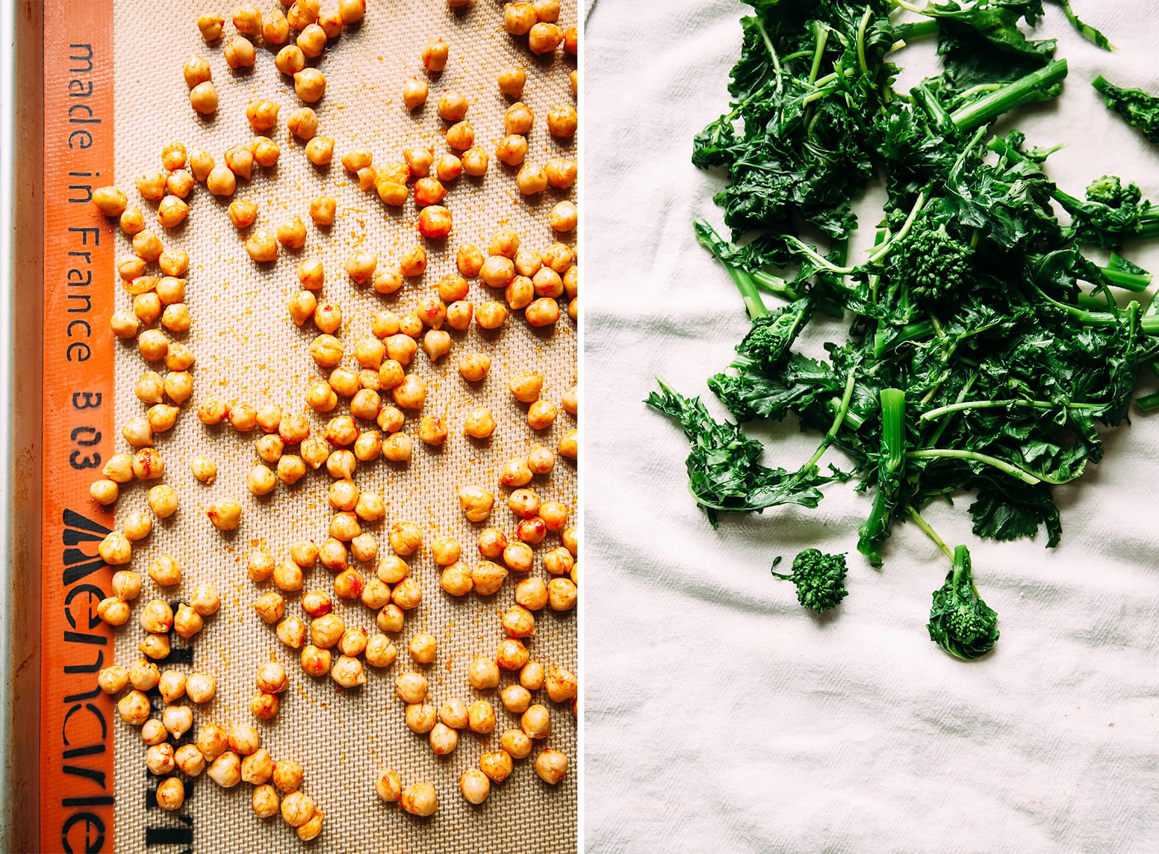 Two images show chickpeas on a baking sheet with spices and blanched broccoli rabe.