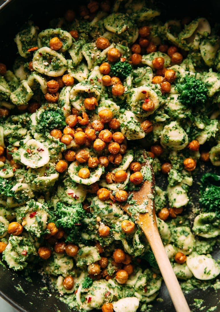 ORECCHIETTE WITH BROCCOLI RABE AND CHIVE PESTO, SUNFLOWER PARM & SMOKY CHICKPEAS - The First Mess