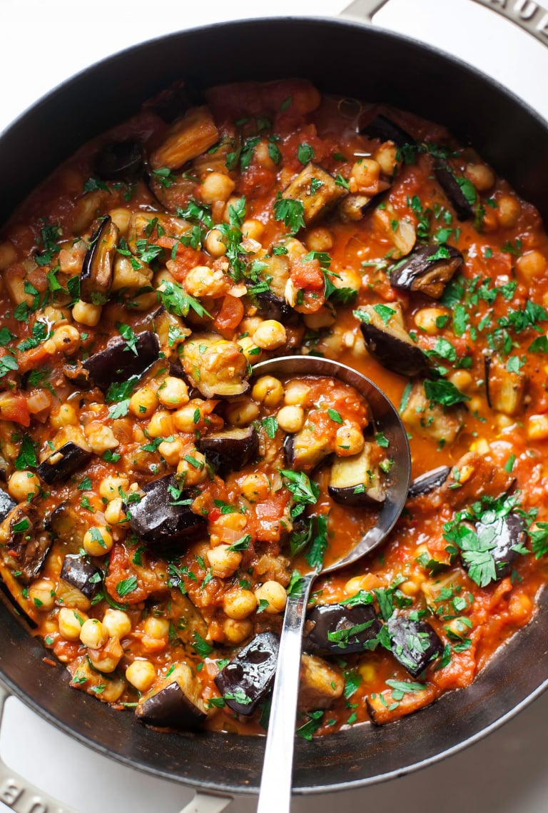 BRAISED HARISSA EGGPLANT WITH CHICKPEAS - The First Mess