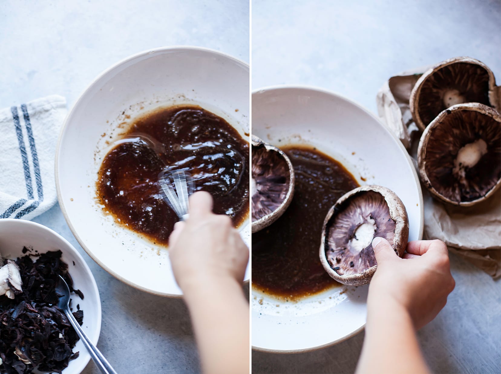 Two images show a marinade being whisked and portobello mushrooms being added to the marinade.