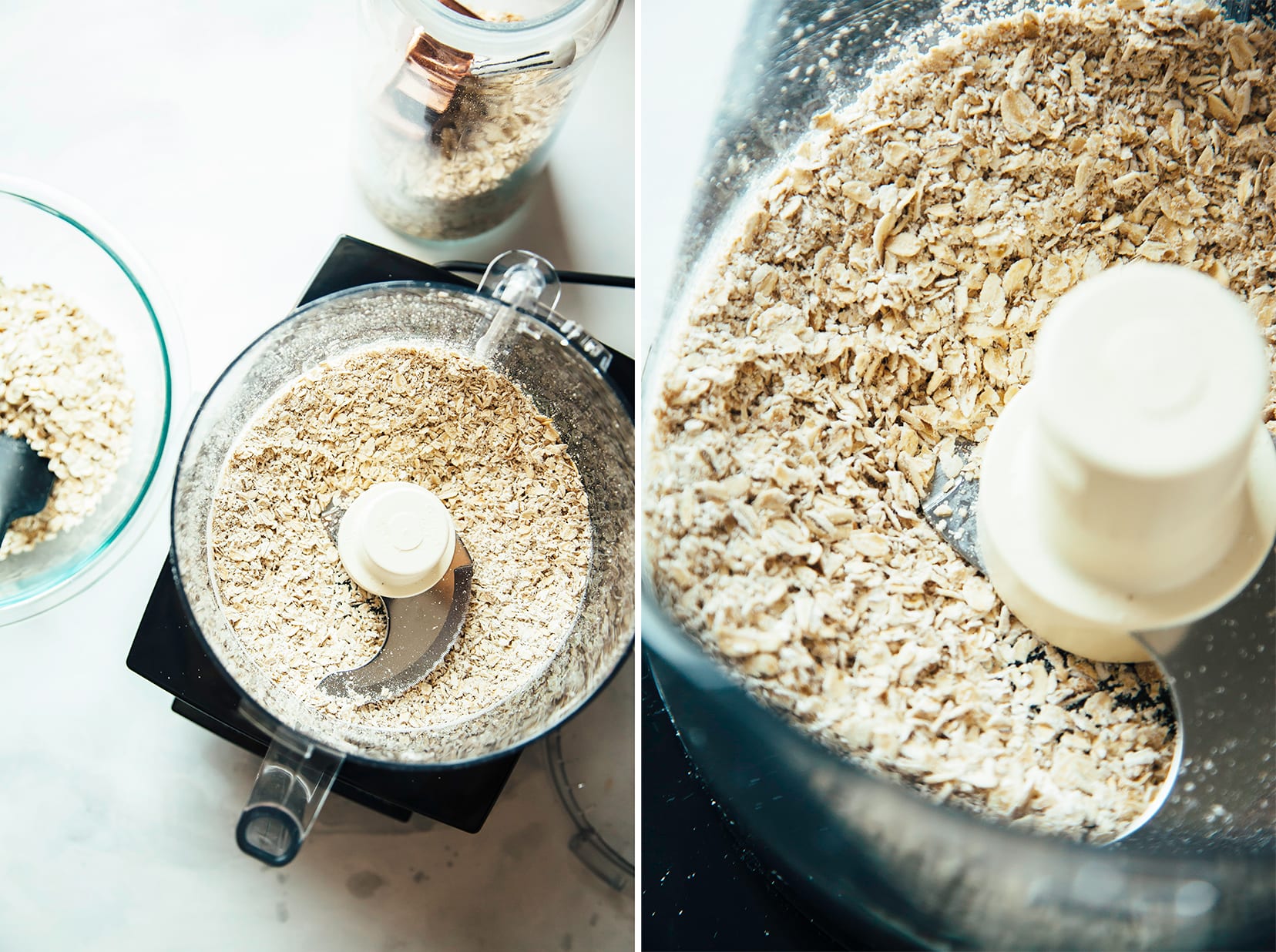 Images show rolled oats being ground up on a food processor.