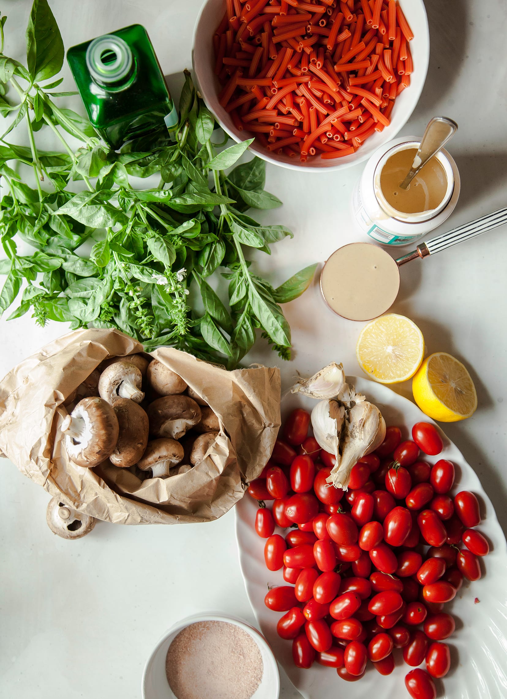 An overhead image of ingredients for a pasta dish.