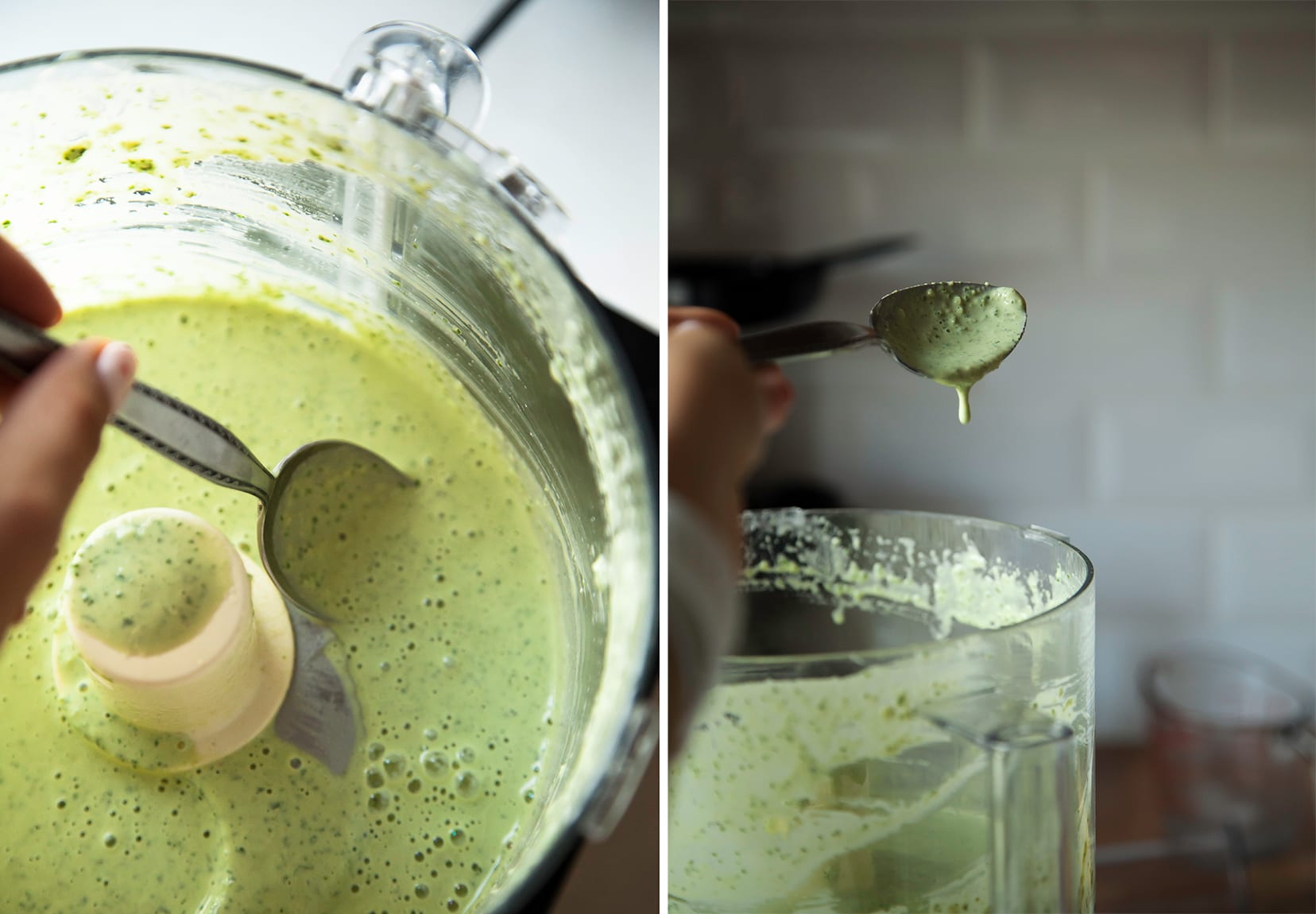 Two images show a light green cream sauce in a food processor.