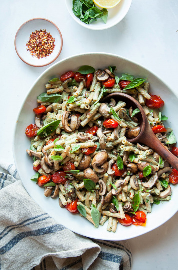 BASIL TAHINI PASTA WITH BURST TOMATOES & MUSHROOMS - The First Mess
