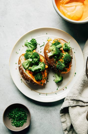 SALT-BAKED POTATOES WITH CHEESY ROASTED RED PEPPER SAUCE & BROCCOLI (vegan, nut-free) - The First Mess