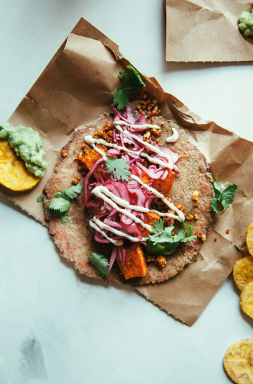 SWEET POTATO PECAN TACOS WITH QUICK PICKLED CABBAGE & CASHEW SOUR CREAM - The First Mess