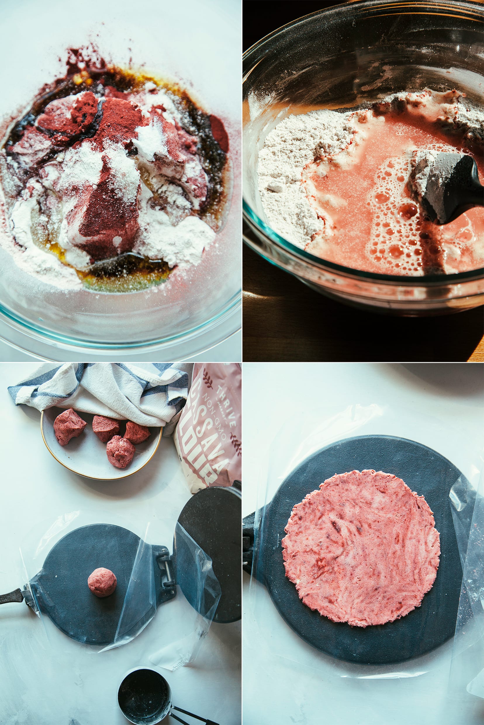 4 images show the making of homemade cassava flour tortillas with a hint of rosy beet powder mixed in.