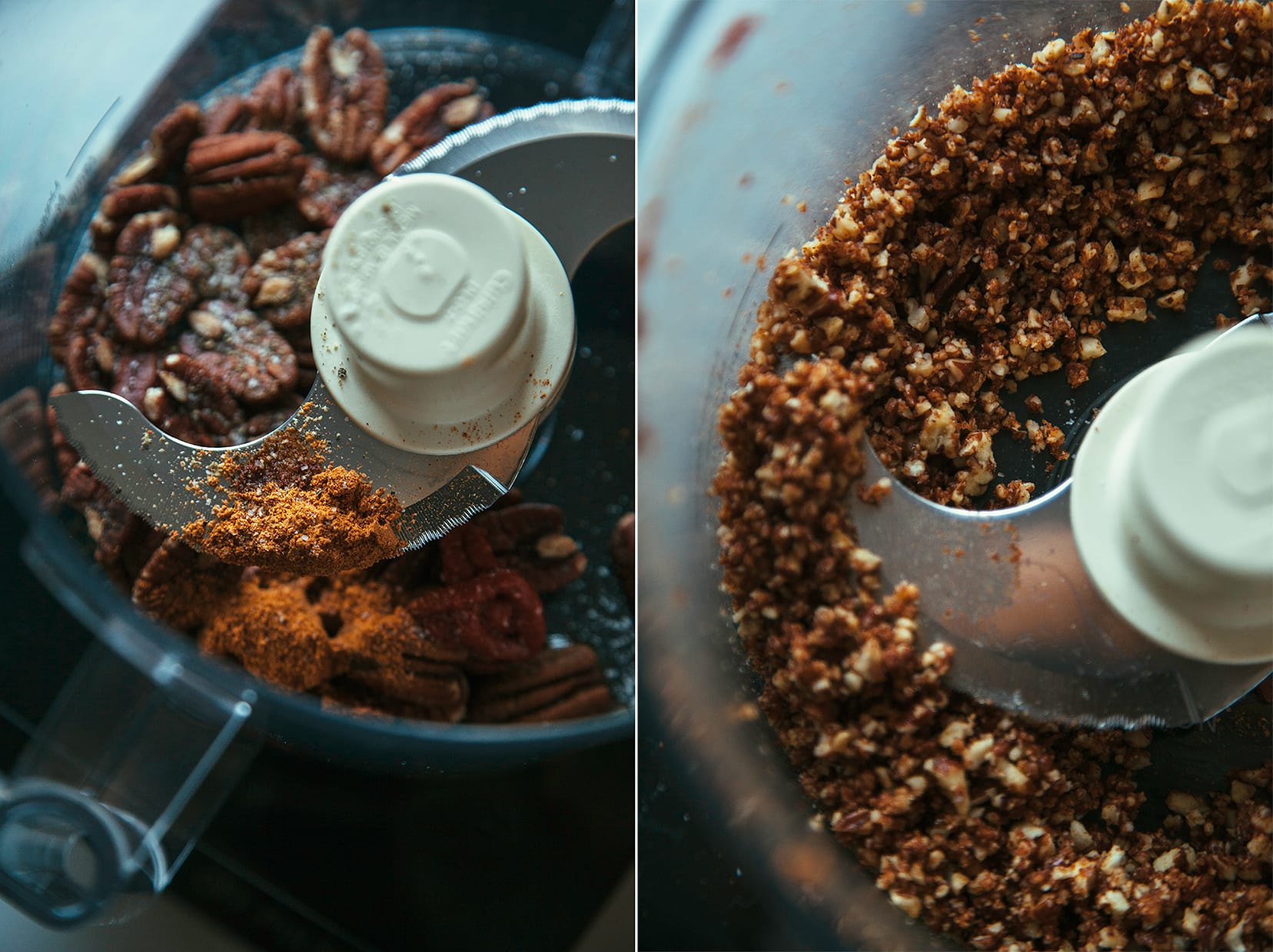 Two images show pecan taco “meat” being ground up in a food processor.