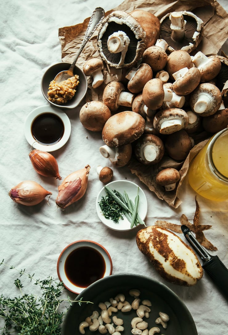 An overhead shot of ingredients for mushroom gravy.