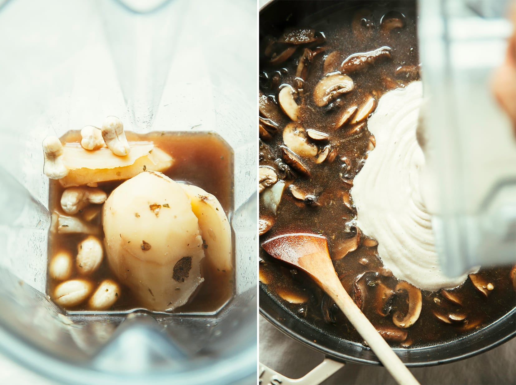 Two images show the gravy components before blending and afterward, being poured into some lingering cooked mushrooms and broth.