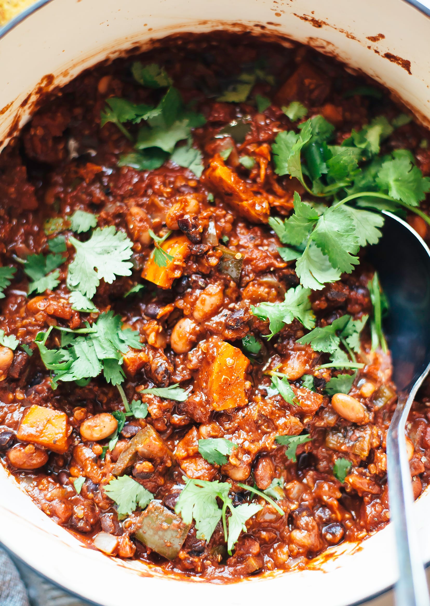 An up close, overhead shot of smoky squash chili with pinto and black beans. The chili is photographed in a white Dutch oven and is deep red in colour. The chili is garnished with bright green chopped cilantro.