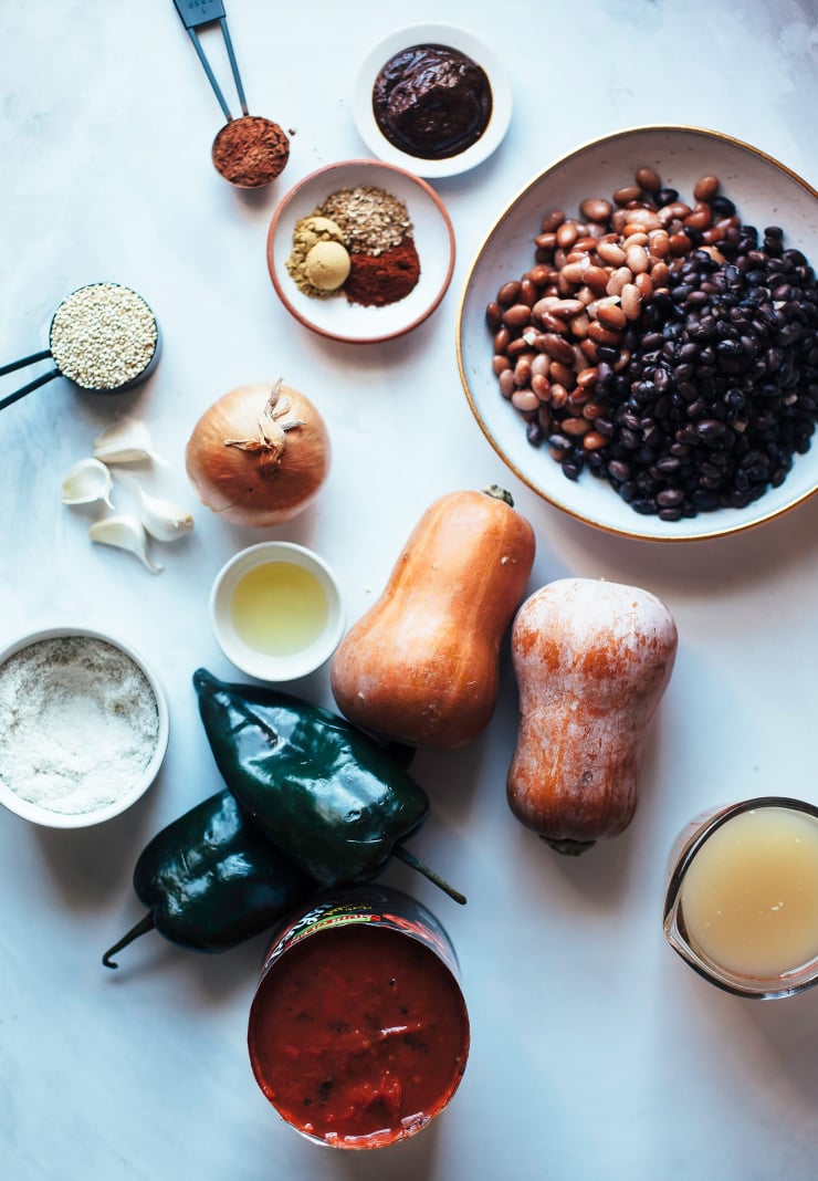 An overhead shot of ingredients for a vegan chili.