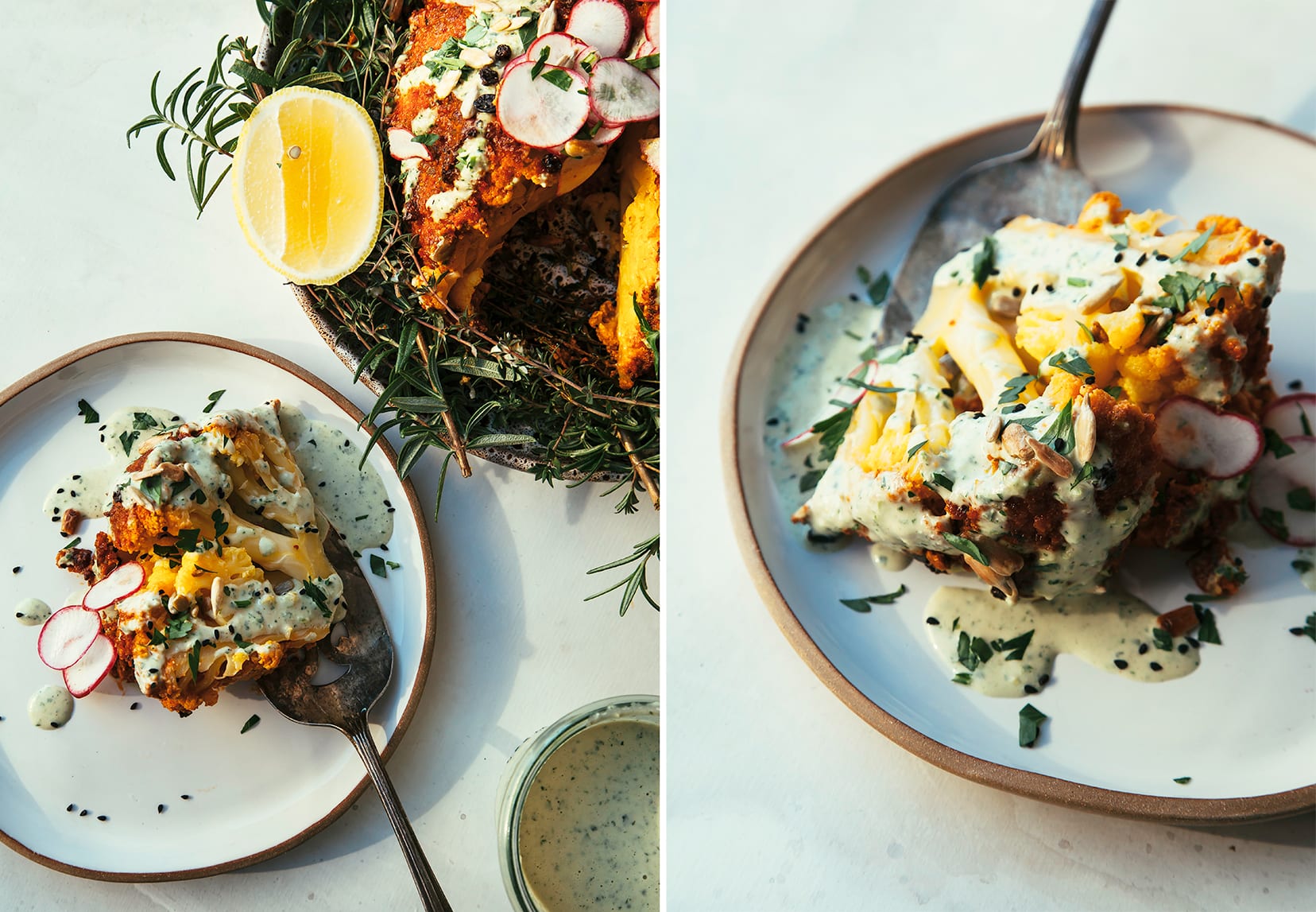 Two images show slices from a whole roasted cauliflower from two different angles.