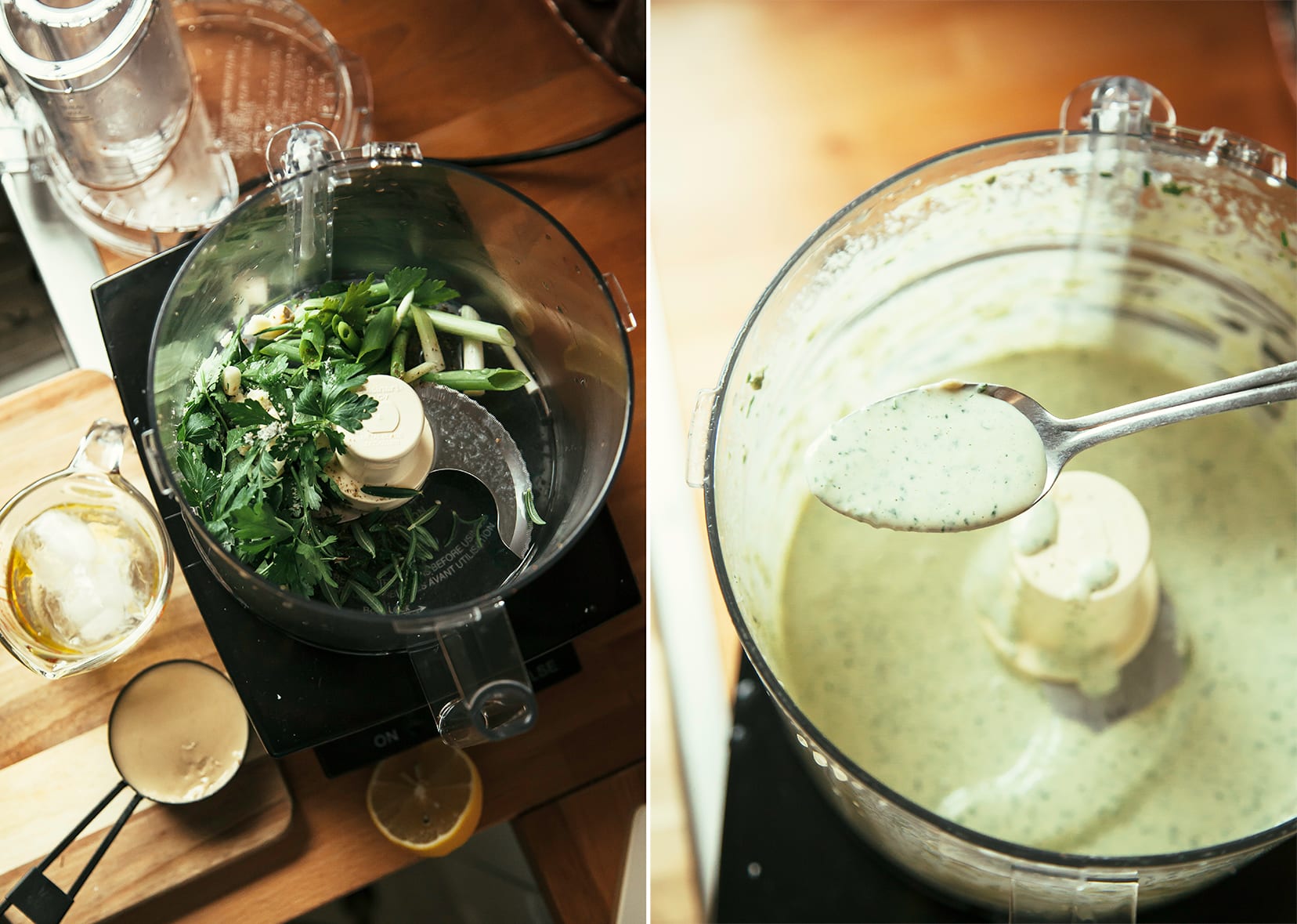 Two images show the ingredients for an herbed tahini sauce in the food processor and a completed, smooth and creamy sauce after blending.