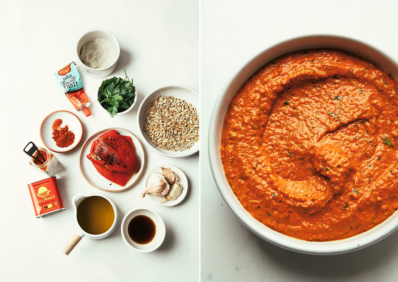 Two images show the ingredients for romesco sauce and also the completed, smooth and light red romesco sauce in a bowl.