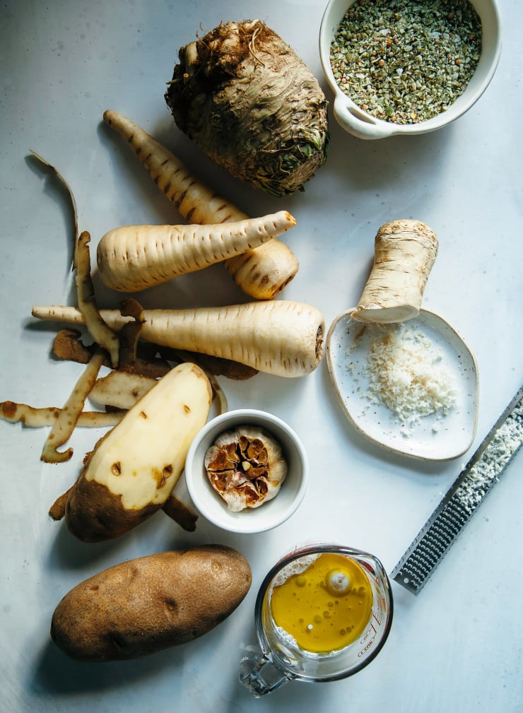 Overhead shot of ingredients for a harvest vegetable mash.