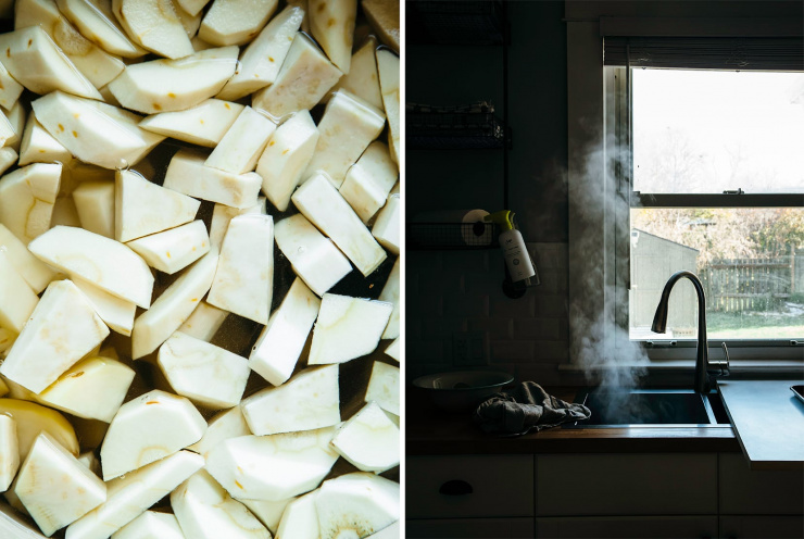 Two images show chopped parsnips and steam rising out of a kitchen sink.