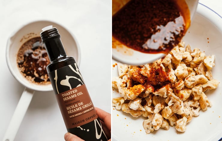 Two images show: toasted sesame oil being poured into a pot and also a spicy red sauce being poured on top of cauliflower.