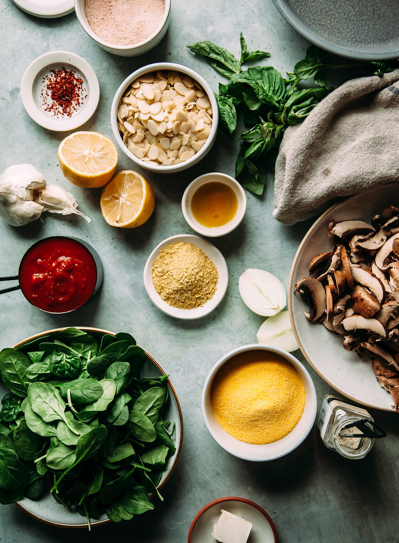 Overhead shot of ingredients for a vegan polenta pie.
