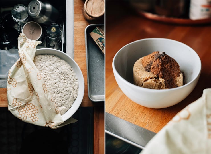 Two images show a bowl of dough and a bowl with a brown sugar and cinnamon mixture.