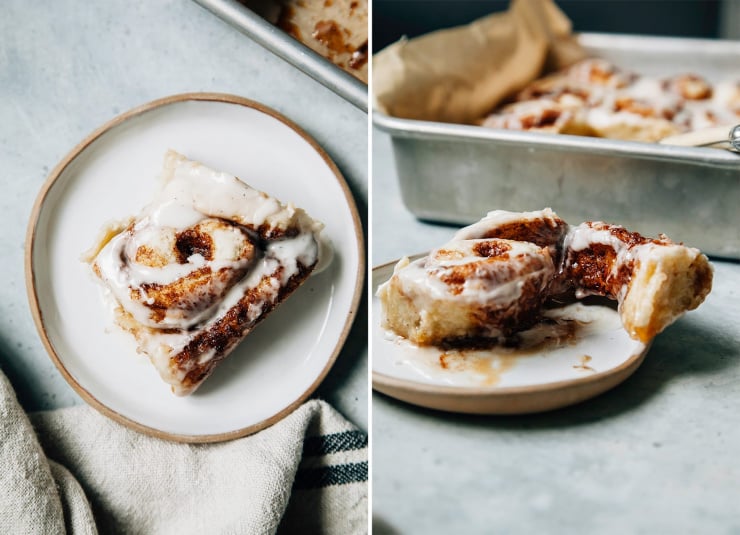 Two photos show an individual vegan cinnamon roll on a plate from two different angles.