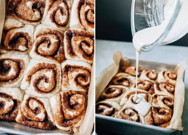 Two images show baked cinnamon rolls and icing being poured on top of a pan of cinnamon rolls.