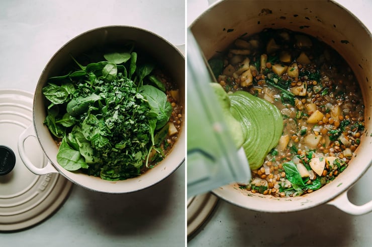 Images show a soup pot with a bunch of greens added and also a green purée being added to a broth soup.