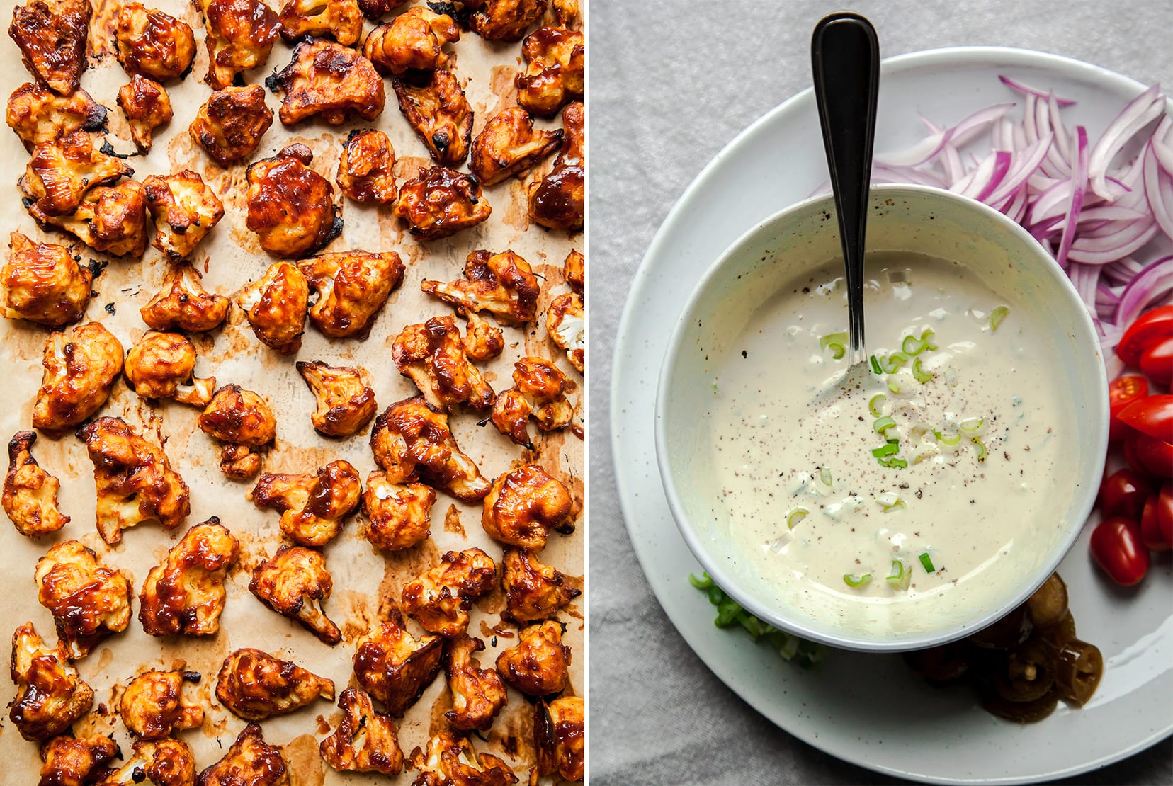 Image shows a tray of BBQ cauliflower and a second image of a bowl of creamy dressing.