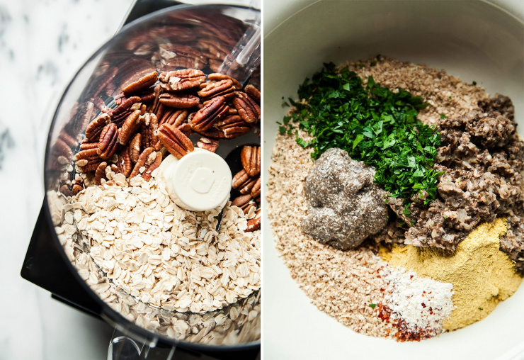 Two images show oats and pecans in a food processor and all of the ingredients prepped and ready to be mixed into vegan meatballs.