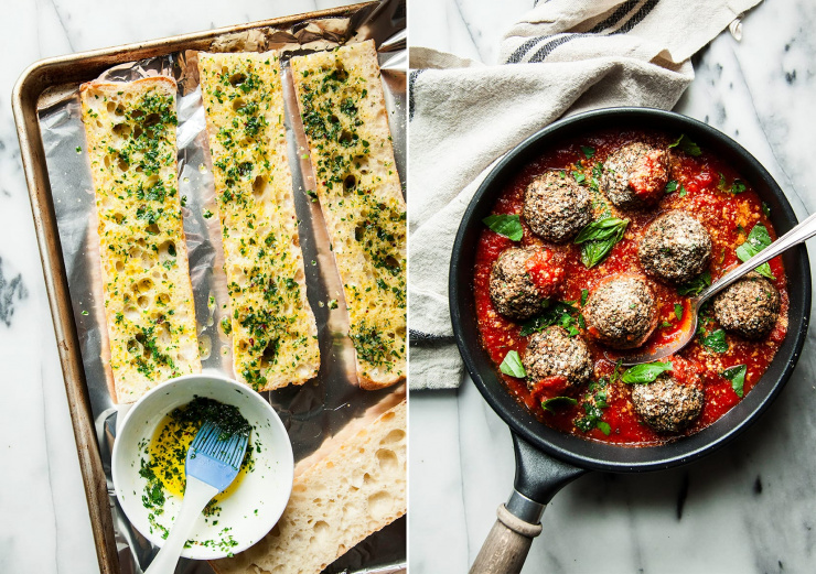 Two images show: garlic bread being made on a baking sheet and a skillet with meatballs in marinara sauce.