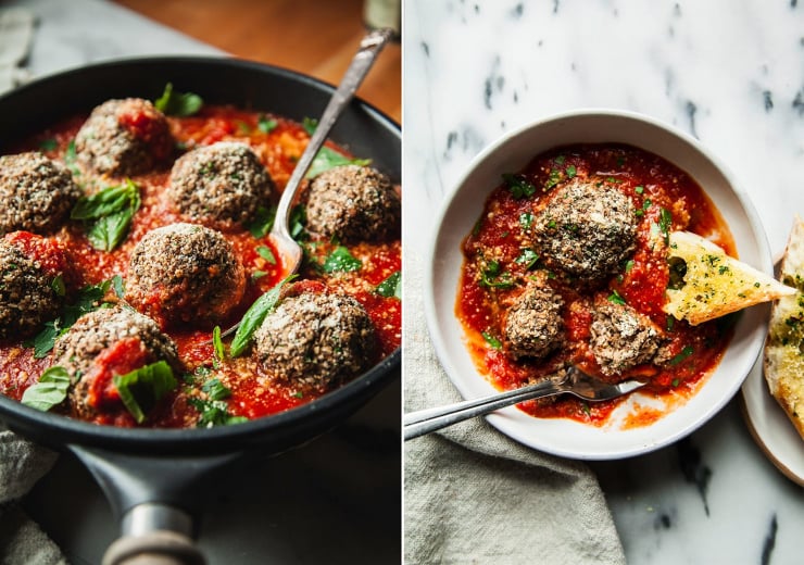Two images show vegan mushroom meatballs in both a skillet and in an individual serving bowl.