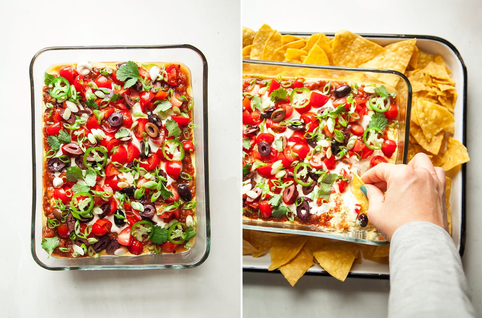 An overhead shot of vegan seven layer dip in two photos. In one photo, a hand is using a chip to dip.