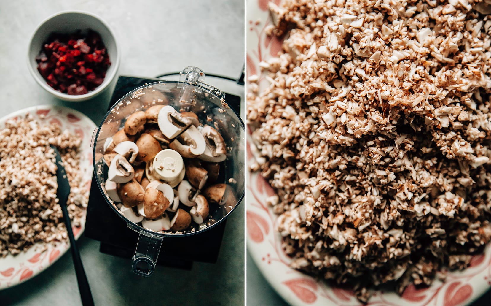 Two images show mushrooms being finely chopped in a food processor.