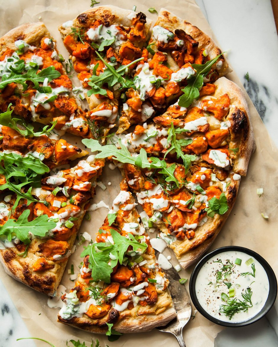 VEGAN BUFFALO CAULIFLOWER PIZZA W/ ONION CREAM - The First Mess